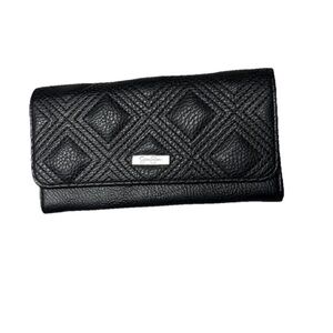 Jessica Simpson Black Quilted Leather Trifold Wallet with Logo Plaque